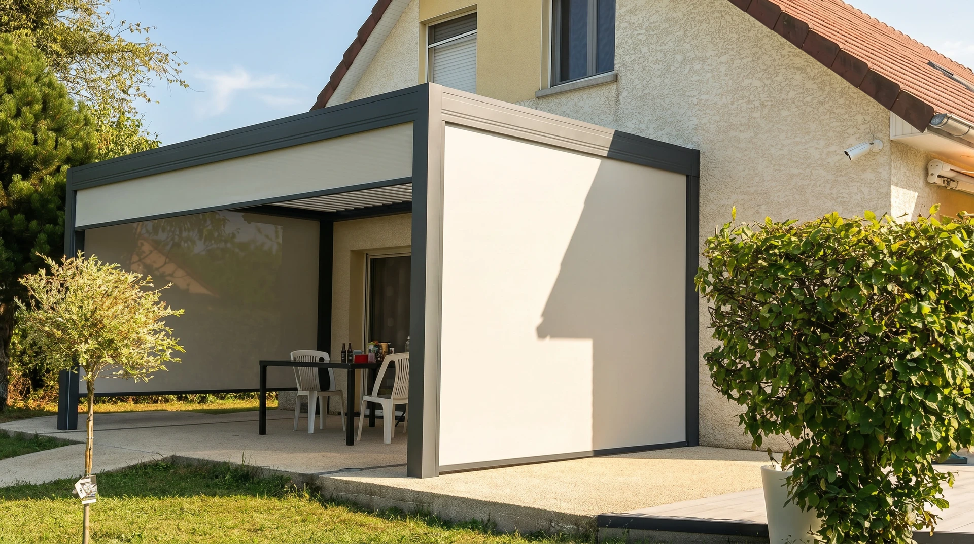 Entrée extérieure de maison moderne avec porte d'entrée contemporaine noire à panneau vitré supérieur et poignée métallique dorée